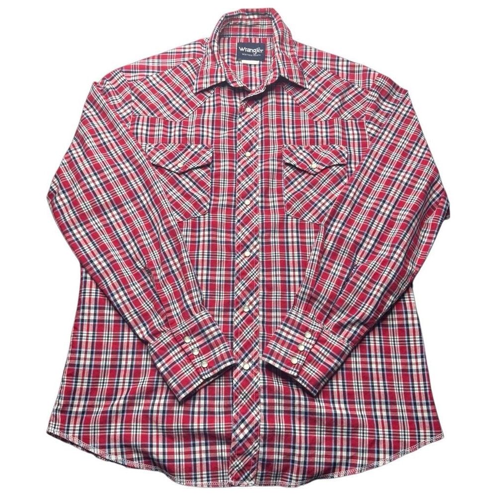 Vintage Wrangler Pearl Snap Shirt Red Plaid Mens M Long Sleeve Western Cowboy